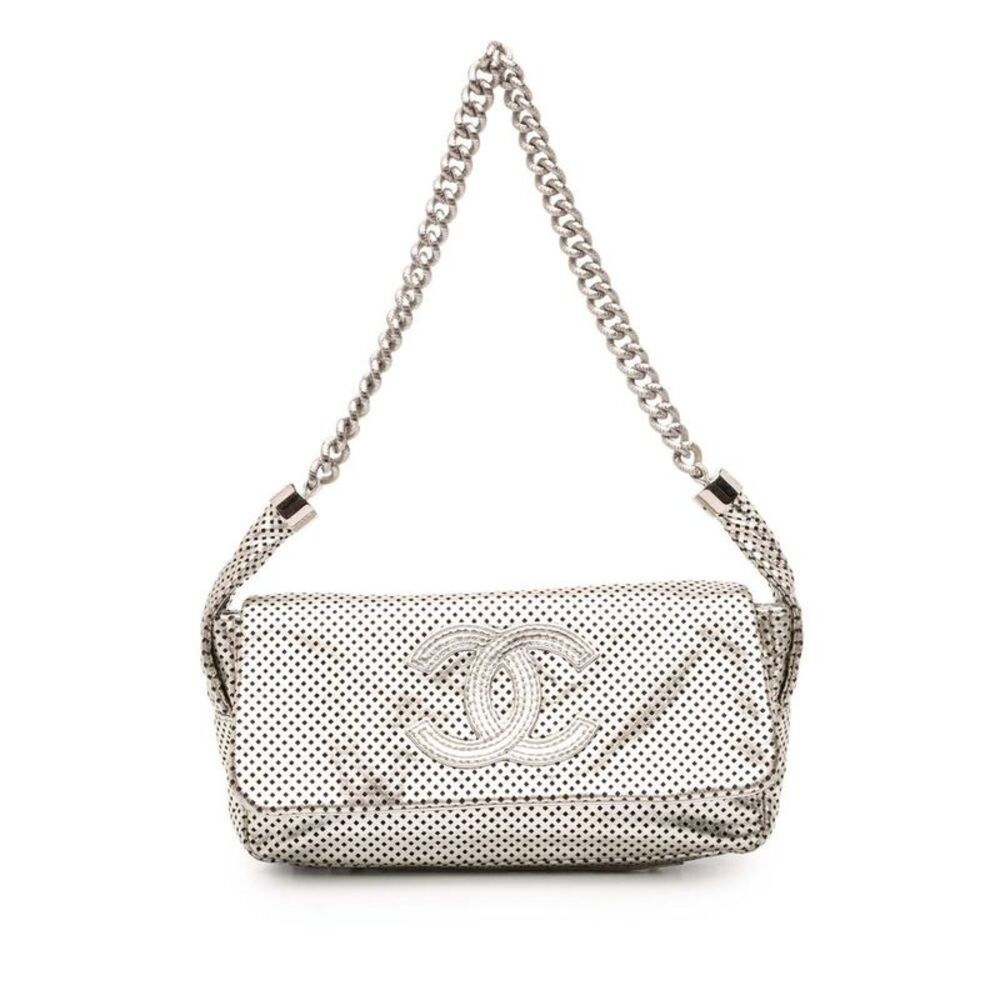 Pre Loved chanel Perforated Leather Shoulder Bag Women Silver